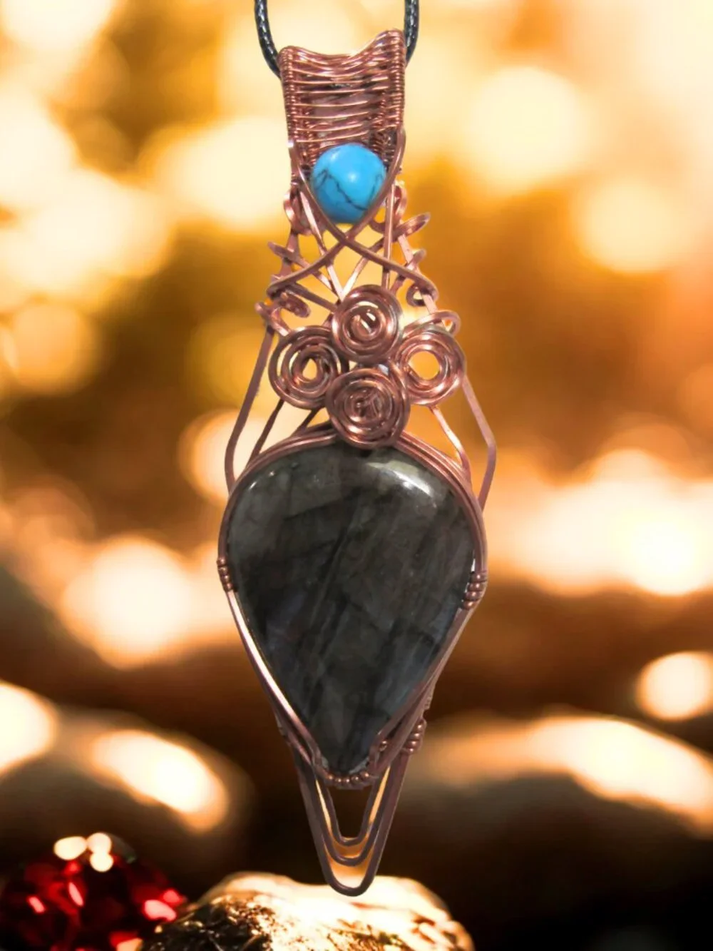 Blue Flash Labradorite Wire Wrapped Copper Pendant Necklace Handmade Gemstone 4